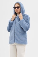 PREMİUM MİNK KAPÜŞONLU CEKET (Mavi)