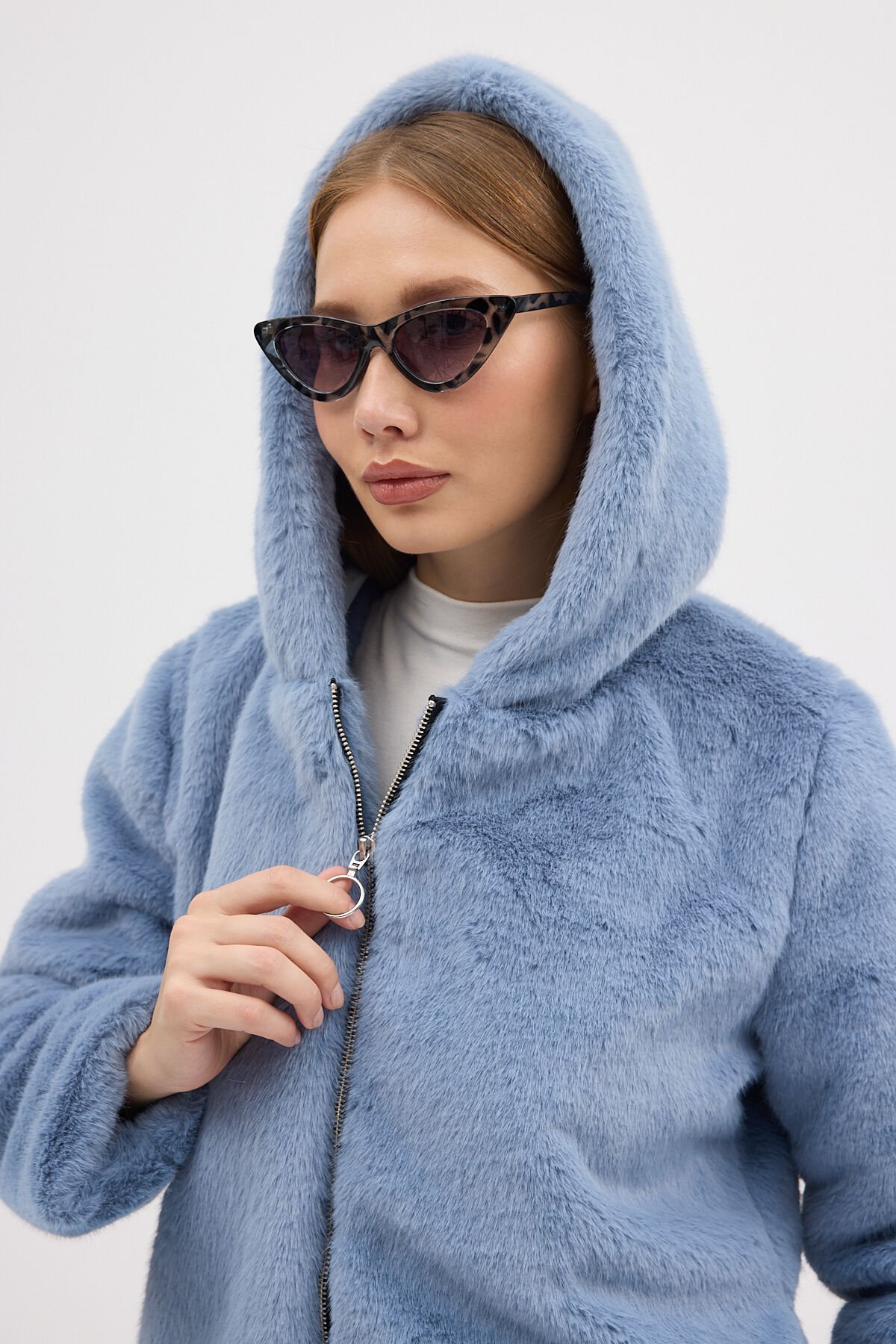 PREMİUM MİNK KAPÜŞONLU CEKET (Mavi)