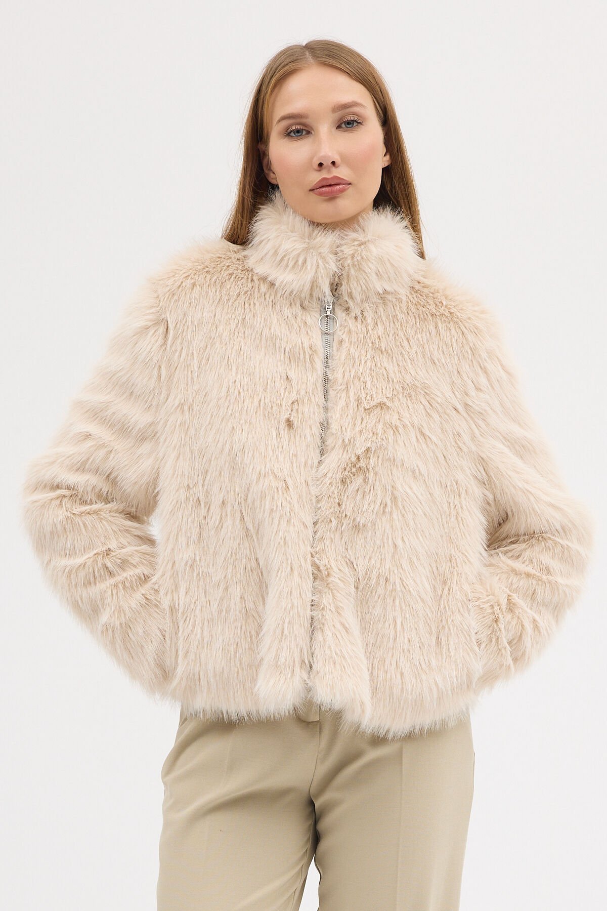 PREMİUM KÜRK FERMUARLI DÜZ CEKET (Bej)