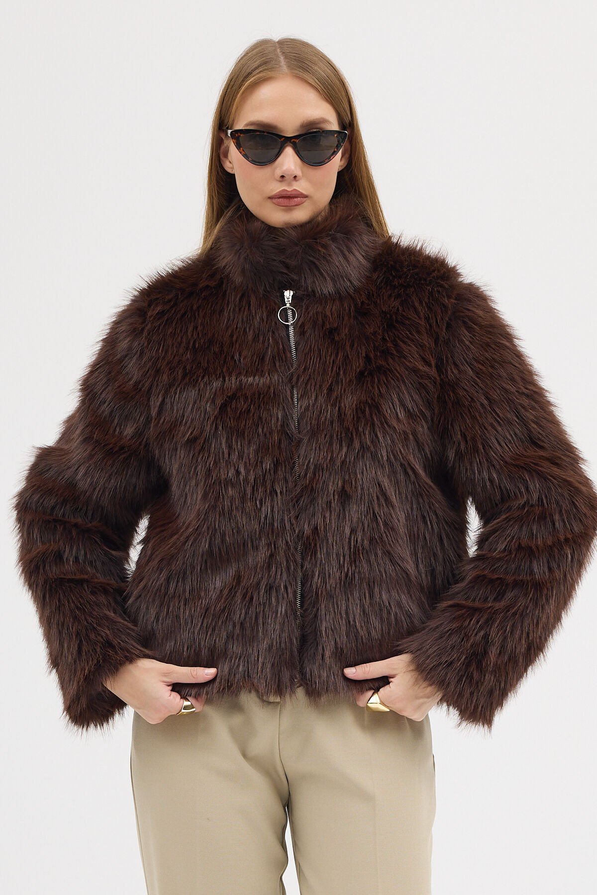 PREMİUM KÜRK FERMUARLI DÜZ CEKET (Acı Kahve)