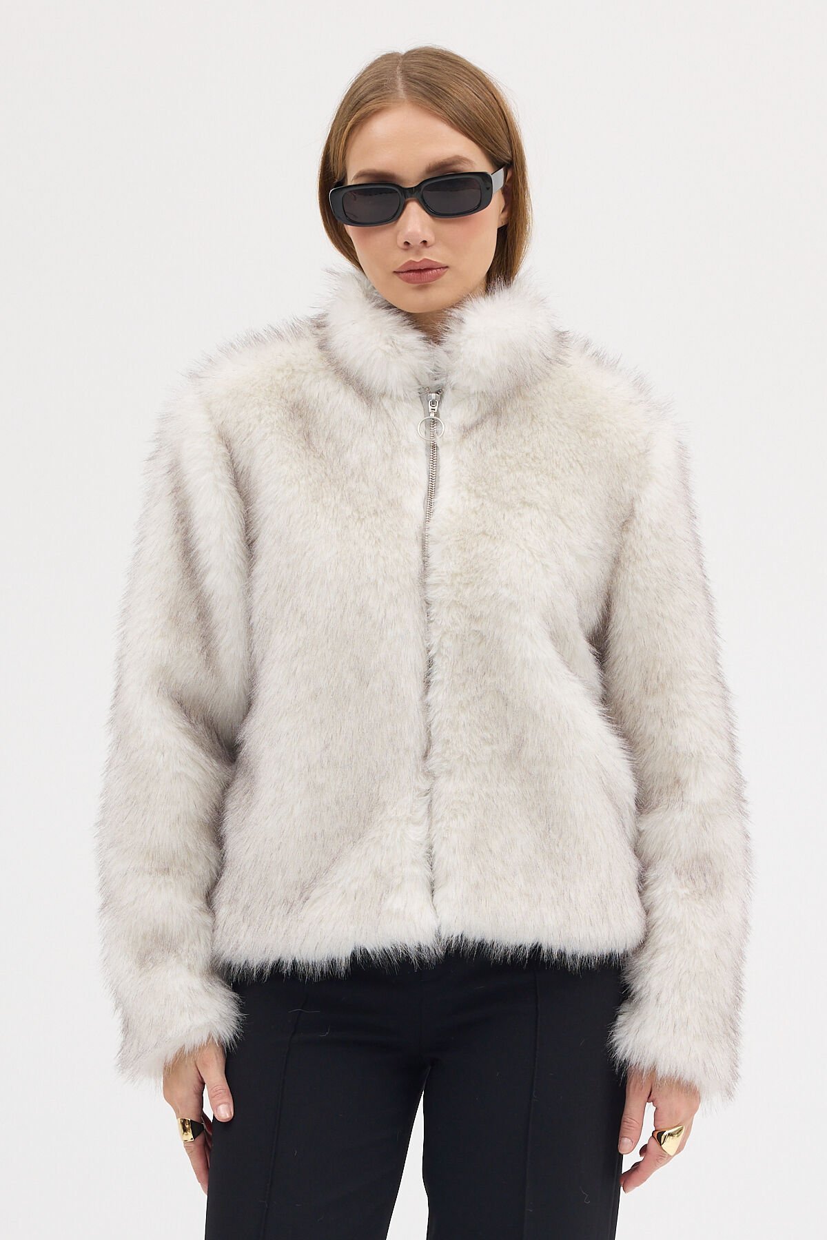 PREMİUM KÜRK FERMUARLI DÜZ CEKET (Kırçıllı Beyaz)