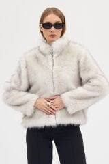 PREMİUM KÜRK FERMUARLI DÜZ CEKET (Kırçıllı Beyaz)